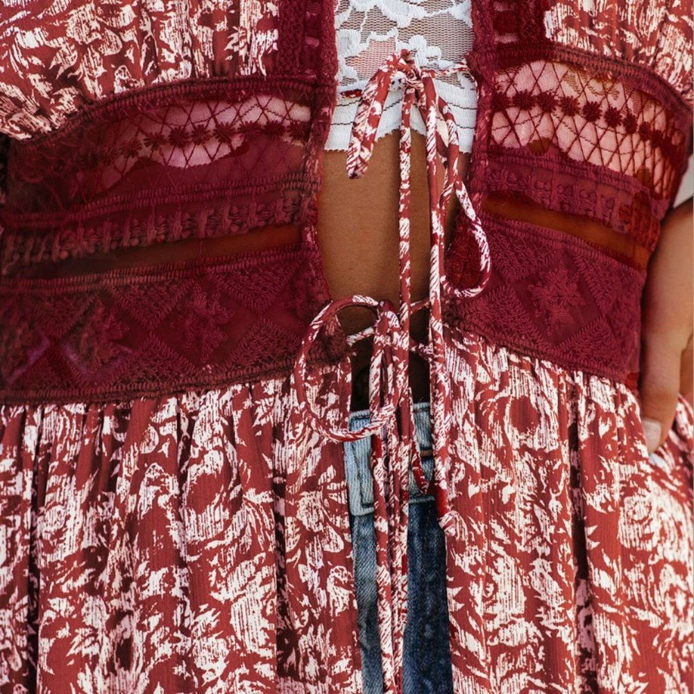 New Red Floral & Lace Kimono Maxi Beach Dress Cover-Up - Picture 7 of 12